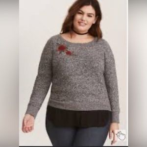 TORRID Womens Sweater Size 1 Black White Heathered Embroidered Rose Long Sleeve